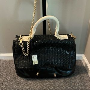 Badgley Mischka black leather satchel with top handle and chain shoulder strap